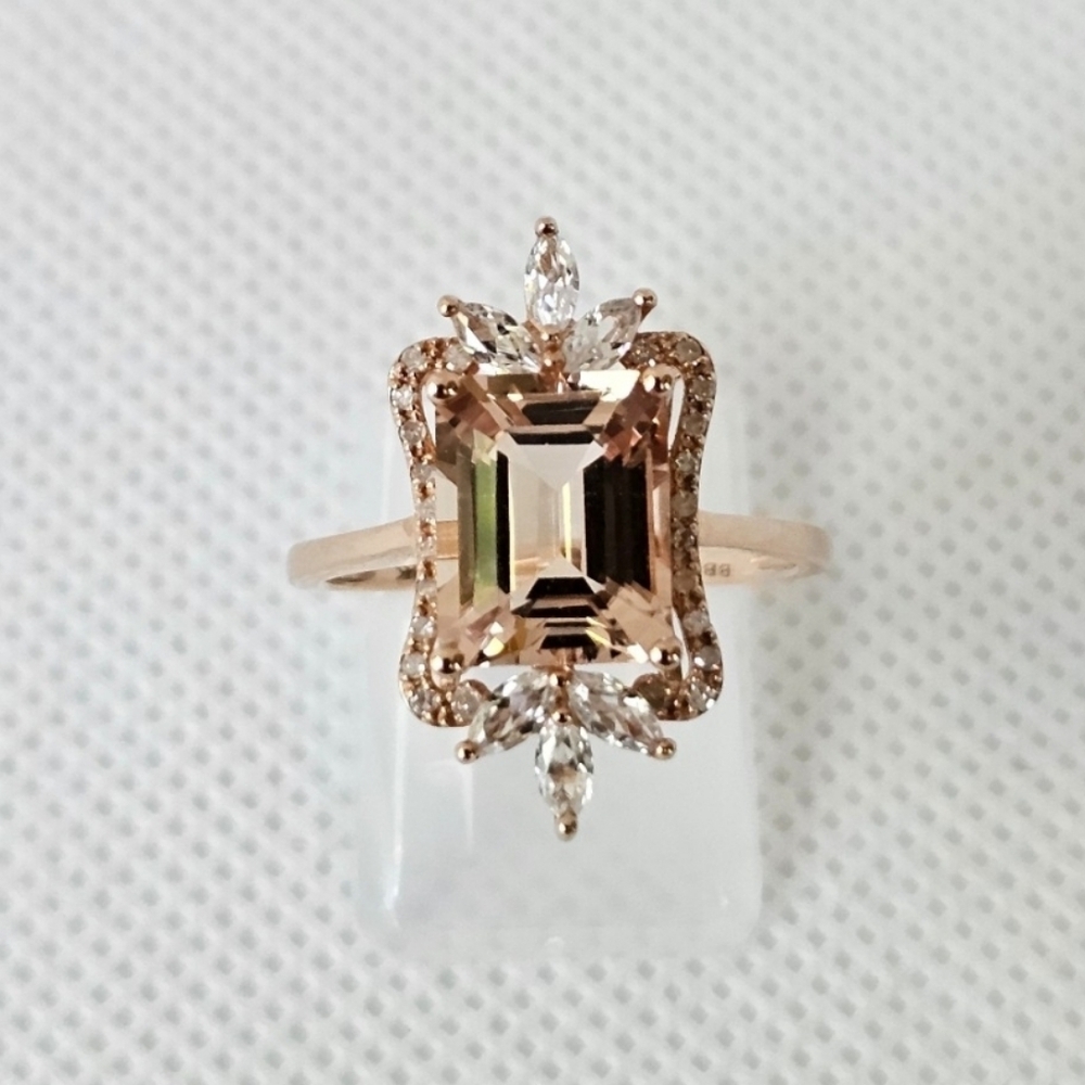 Natural 14K Rose Gold Morganite & White Zircon Ring Size 7.5! - Picture 3 of 9